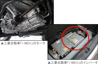 三菱自動車のi-MiEVのモータ（写真左）とインバータ（写真右）