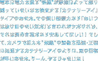 電車に電力を送る“架線”が摩擦によって擦り減っていないかを検査する「カテナリーアイ」タイプのあなた。その鋭い観察力から「あいつは抜け目のない奴だ」と言われがちだけれど、それは褒め言葉だから安心してほしい！ そして、カメラで捉えた “架線”の画像を迅速・正確に処理するカテナリーアイのように、頭の回転が早いあなた。うーん、やるじゃないか！