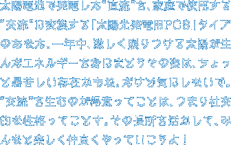 太陽電池で発電した“直流”を、家庭で使用する“交流”に変換する「太陽光発電用PCS」タイプのあなた。一年中、激しく照りつける太陽が生んだエネルギーを身にまとうその姿は、ちょっと暑苦しい存在かもね。だけど気にしないで。“交流”を生むのが得意ってことは、つまり社交的な性格ってことさ。その長所を活かして、みんなと楽しく仲良くやっていこうよ！