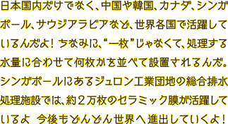 日本国内だけでなく、中国や韓国、カナダ、シンガポール、サウジアラビアなど、世界各国で活躍しているんだよ！ちなみに、“一枚”じゃなくて、処理する水量に合わせて何枚かを並べて設置されるんだ。シンガポールにあるジュロン工業団地の総合排水処理施設では、約２万枚のセラミック膜が活躍しているよ。今後もどんどん世界へ進出していくよ！