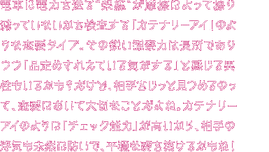 電車に電力を送る“架線”が摩擦によって擦り減っていないかを検査する「カテナリーアイ」タイプのあなた。その鋭い観察力から「あいつは抜け目のない奴だ」と言われがちだけれど、それは褒め言葉だから安心してほしい！ そして、カメラで捉えた “架線”の画像を迅速・正確に処理するカテナリーアイのように、頭の回転が早いあなた。うーん、やるじゃないか！