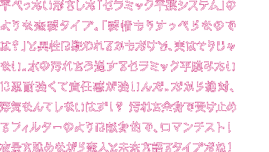 平べったい形をした「セラミック平膜システム」タイプのあなたは、「うすっぺらな人間」に見られがち。だけど、明電舎のセラミック平膜システムみたいに、本当は忍耐強くて、責任感が強い性格だ。汚れをろ過するフィルターのように、他人が嫌がる汚れ仕事も引き受ける献身的な人間だよね。「この世界をもっと美しくしたい！」そんな夢を持った、ロマンチストなんだ！