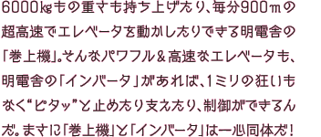 6000㎏もの重さも持ち上げたり、毎分900ｍの超高速でエレベータを動かしたりできる明電舎の「巻上機」。そんなパワフル&高速なエレベータも、明電舎の「インバータ」があれば、1ミリの狂いもなく“ピタッ”と止めたり支えたり、制御ができるんだ。まさに「巻上機」と「インバータ」は一心同体だ！