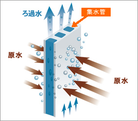 膜の内部に水を通して水の汚れをろ過していきます。